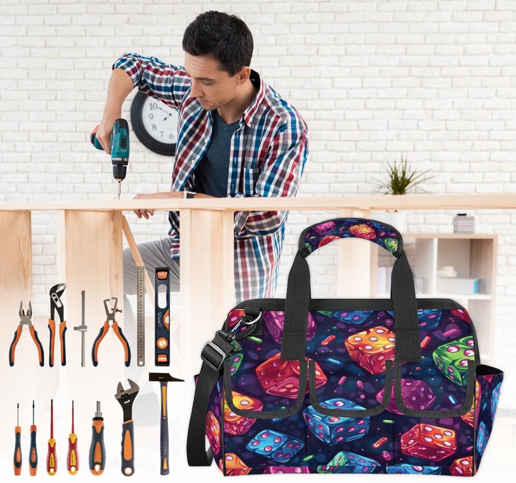 Colorful Dice Tool Bags for Men Women Multi-Pockets Wide Mouth Tool Organizer Storage Tote Bag Waterproof Stroage Bags with Adjustabe Shoulder Straper for Car Electrician Garden