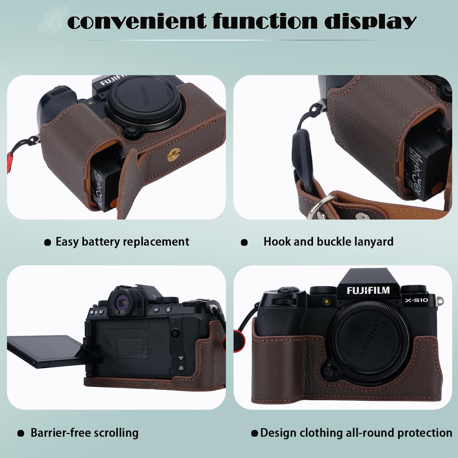 Bowan X-S10 Camera Case, Handmade Genuine Real Leather Half Camera Case Bag Cover for Fujifilm Fuji X-S10 XS10 Camera Bottom Opening Version + Hand Strap (Coffee)