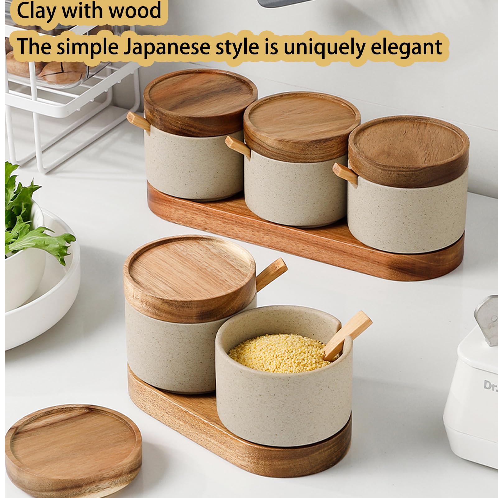 Dxcaicc Ensemble De Pots À Épices, Pot D'Organisateur D'Épices en Argile avec Plateau en Bois, Pot À Épices Japonais en Grès Vintage, Stockage D'Assaisonnement De Cuisine,Set of 2
