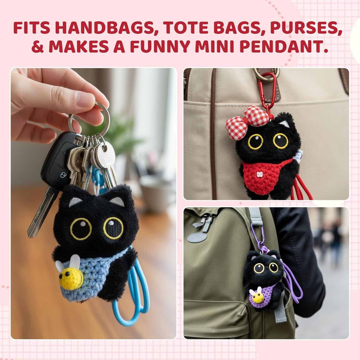 3 PCS Cat Plush Keychain, Black Cat Bag Charm, Cute Keychains for Handbags, Red Blue Purple Cats Purse Charms, Soft Cats Bag Charms for Handbags, Keychains for Keys - Image 7