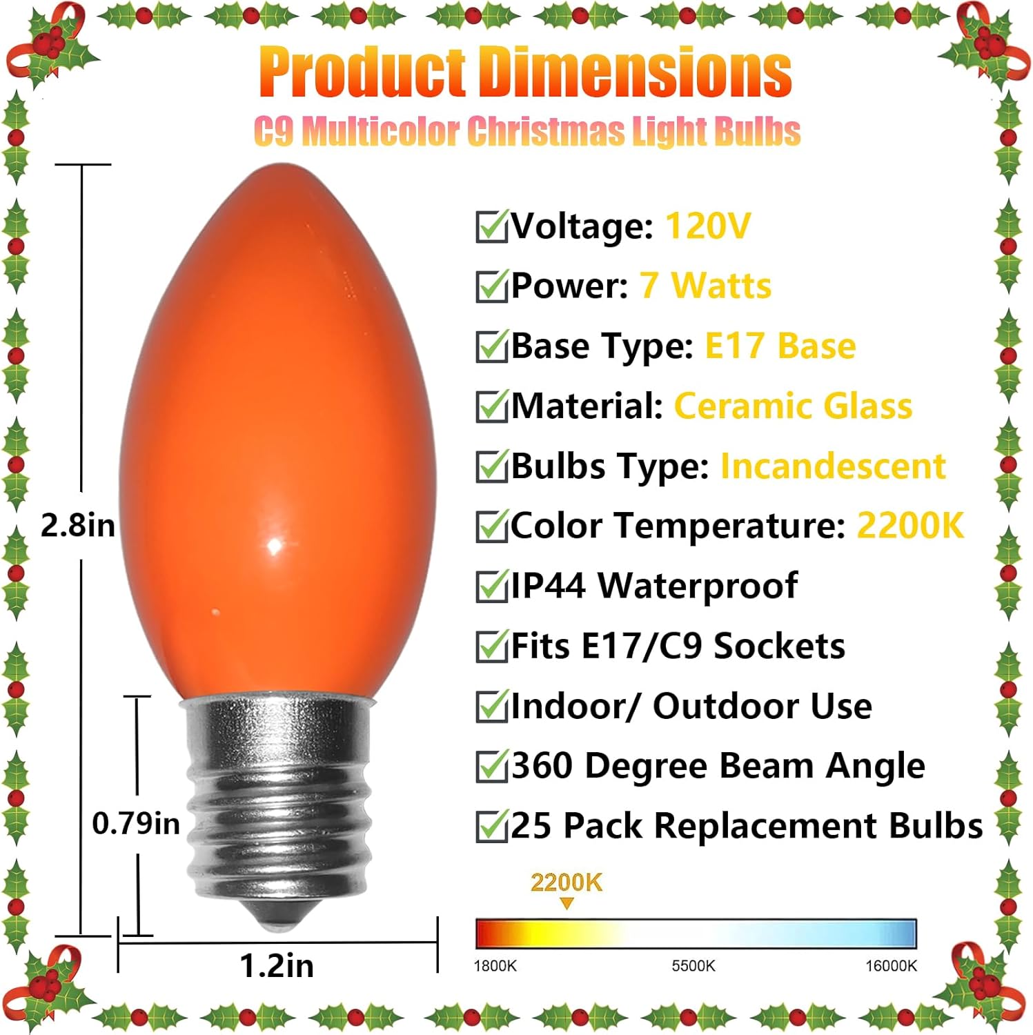 C9 Christmas Light Replacement Bulbs 25 Pack C9 Multicolor Christmas Light Bulbs, Vintage Incandescent Bulb Night Light Bulb for Outdoor Xmas String Lights, E17 Intermediate Base, 7 Watts