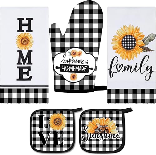 Miniatura 8 de Juego de 5 toallas de cocina a cuadros de búfalo, guantes de horno y soporte para ollas, toallas de cocina en blanco y negro, guantes de horno y