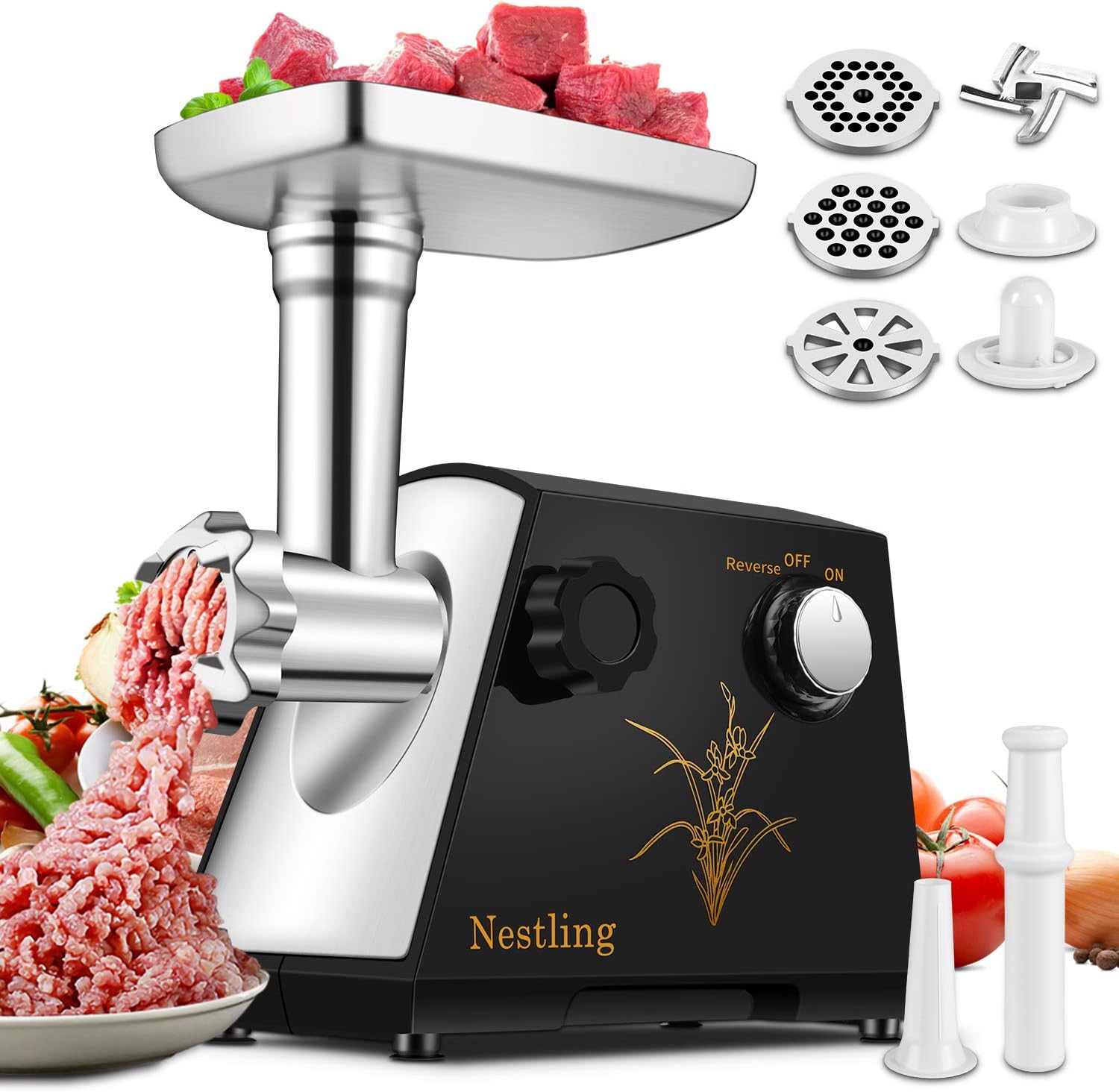 nestling-2800-watt-electric-meat-grinder-stainless-steel-meat-mincer-sausage-stuffer-3-different-cutting-plates-sausage-kubbe-kit-included-home-commercial-use-black