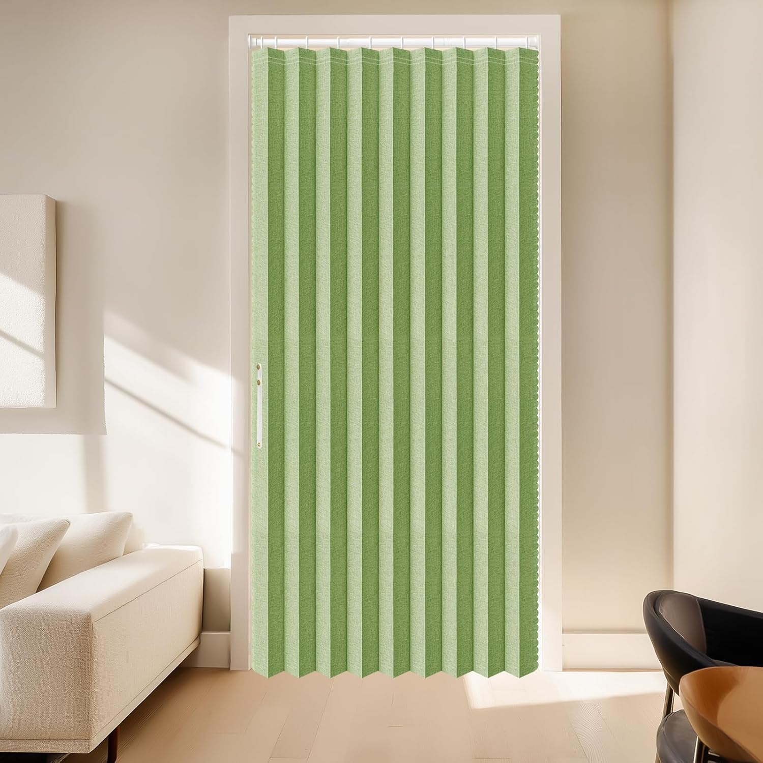 AJAZZ 100% Blackout Magnetic Door Curtain Accordion Door Closet Doors Curtain for Bedroom Room Living Room Doorway (1 Pack, 54 W x 78 L, Green+Rod)