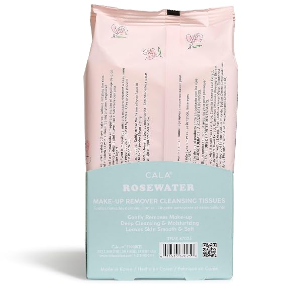 CALA Rose Water Makeup Remover Cleansing Tissues, Gentle Face Wipes Remove Makeup + Waterproof Eye Makeup, Deep Clean & Ultra-Hydrate, Sulfate/Paraben/Phthalate-Free, 60 Sheets