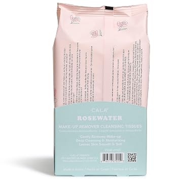 CALA Rose Water Makeup Remover Cleansing Tissues, Gentle Face Wipes Remove Makeup + Waterproof Eye Makeup, Deep Clean & Ultra-Hydrate, Sulfate/Paraben/Phthalate-Free, 60 Sheets