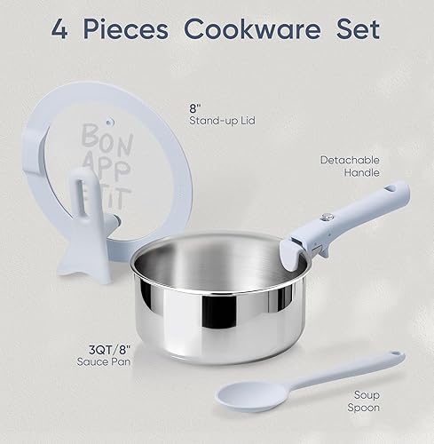 Miniatura 7 de CAROTE Sartén de acero inoxidable de 3 cuartos con tapa de pie, olla de acero inoxidable de tres capas con mango desmontable que se mantiene fresco,