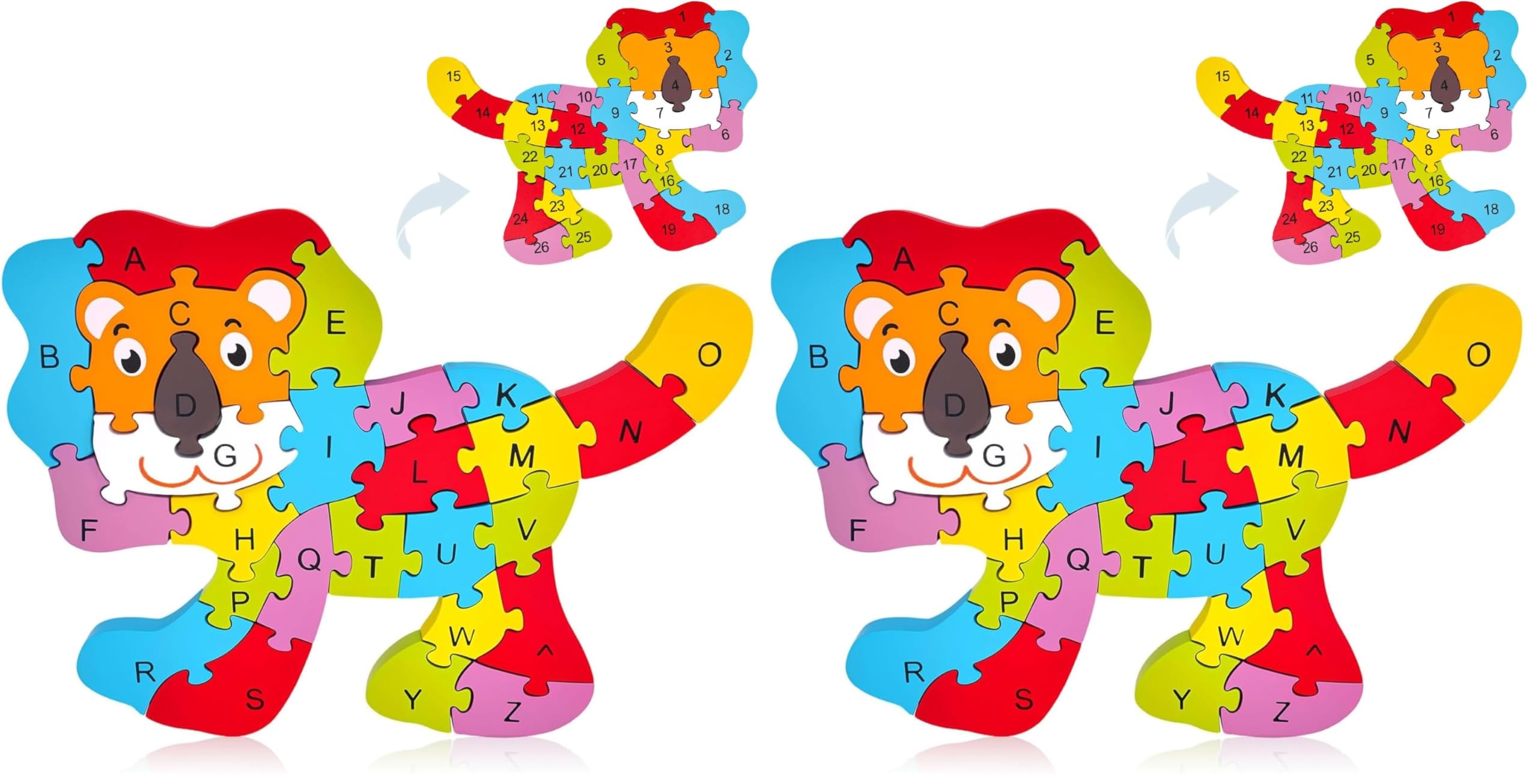 LovesTown Wooden Puzzles for Kids, Double Sided Lion Jigsaw with Alphabet &amp; Numbers, Montessori Educational Toy for Toddlers, Chunky Animal Gift (Pack of 2)