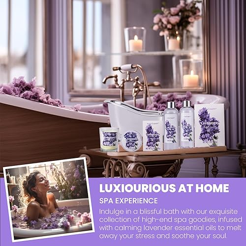 Miniatura 5 de Juego de regalo para mujer cesta de regalo para mujer cuerpo y tierra juego de baño de 7 piezas de cesta de spa lavanda con gel de ducha baño de