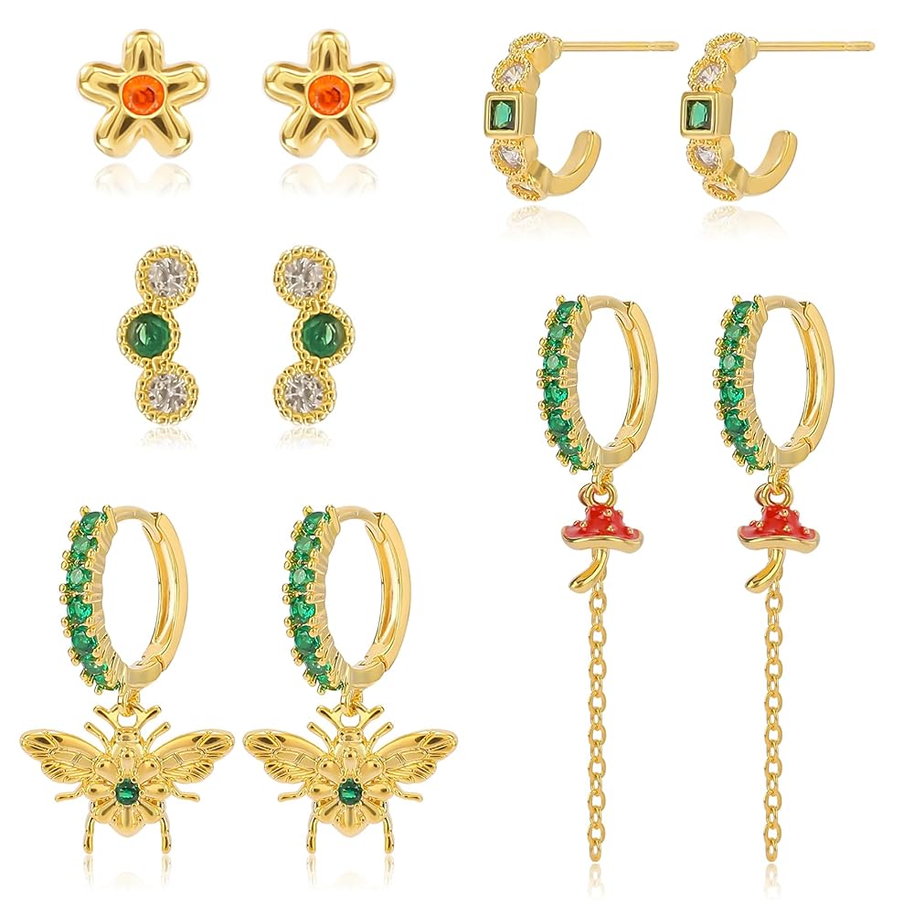 Amazon.com: Green Mushroom Bee Earrings Set for Women 14K