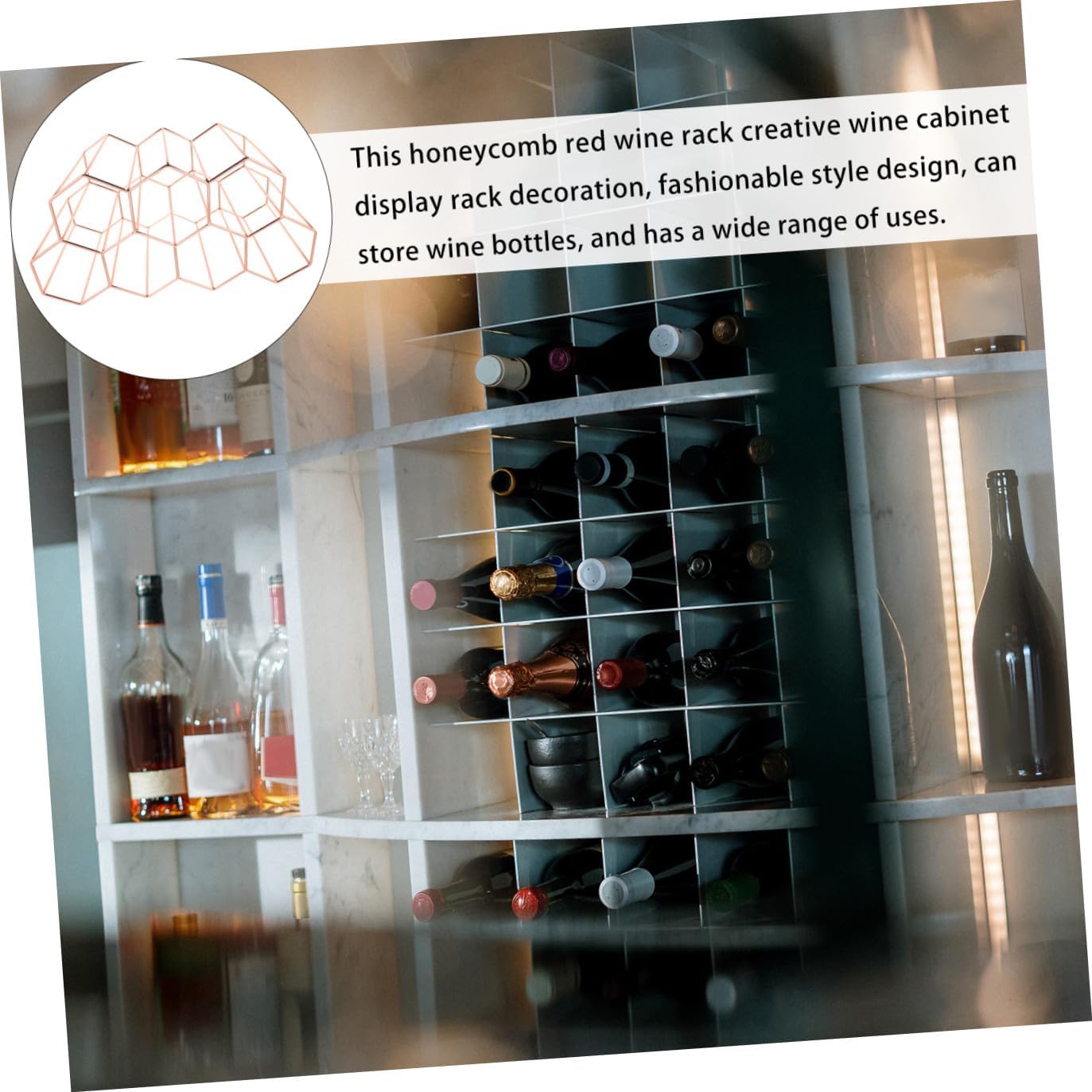 Honeycomb Metal Wine Rack 7-Hole Tabletop Bottle Display Stand Rose Gold Wine Holder Shelf for Home Bar Countertop Storage