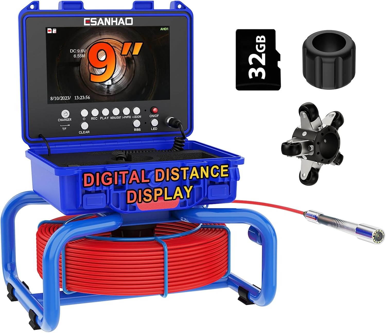 Sewer Camera 100ft with Digital Distance Counter/IP68 Waterproof Borescope Inspection Camera 9-inch Screen for Plumber or Homeowners (30M)