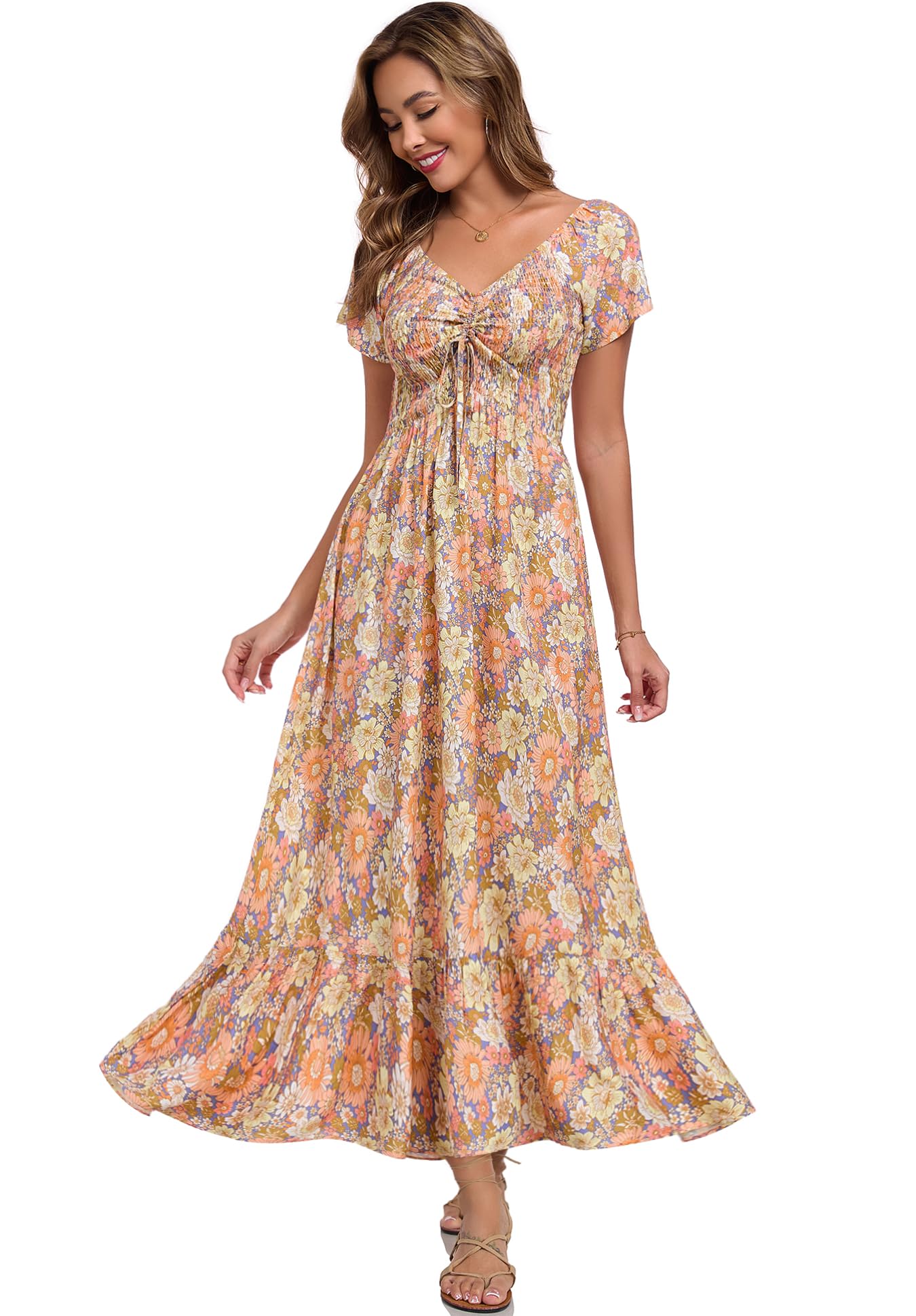 Summer Floral Smocked Maxi Dress for Women 2026 Casual Flowy Tiered A Line Boho Beach Party Long Dresses with Short Sleeve