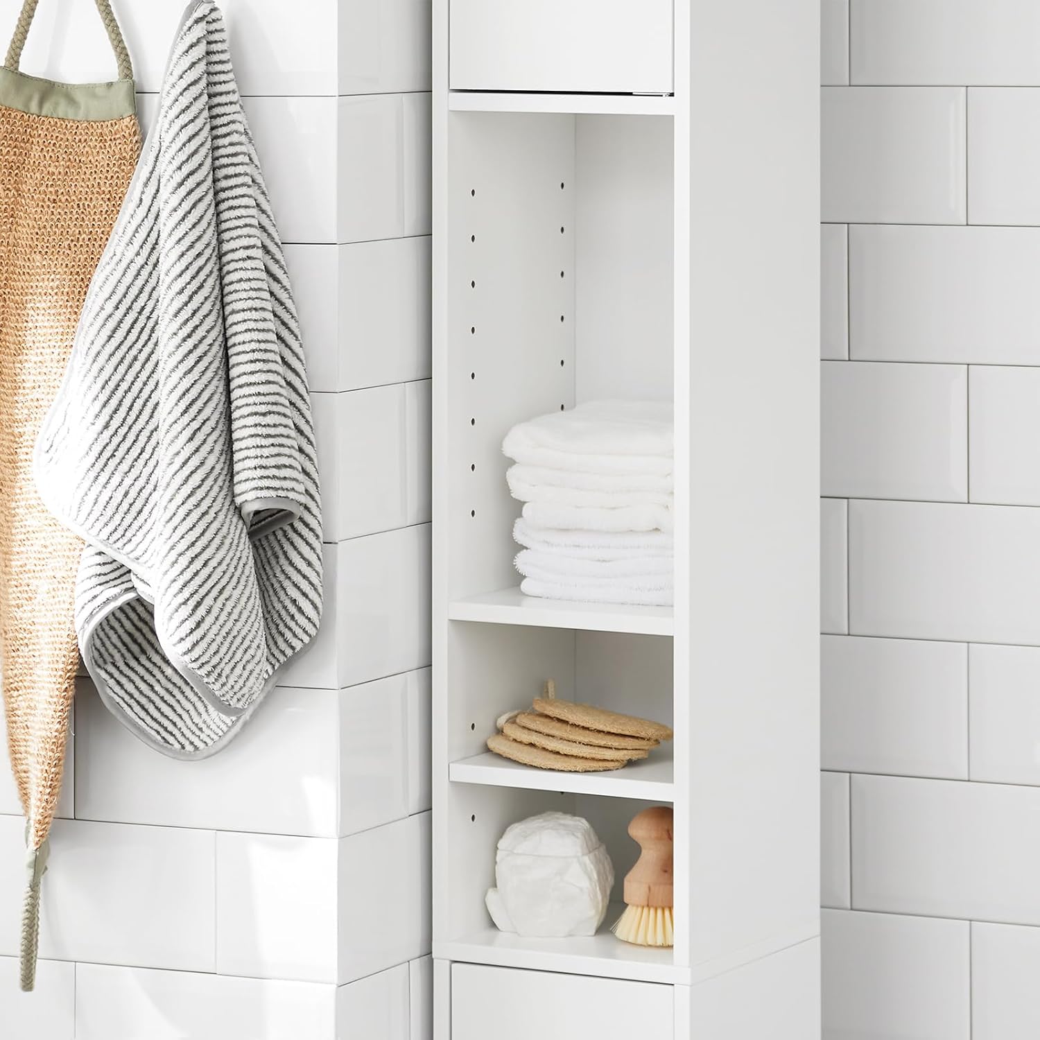 Haotian Bathroom Tall Cabinet with 1 Drawer, 2 Doors and Adjustable Shelves, Slender Extra Storage Cabinet, Anti-Tipping Floor Tall Cabinet Cupboard, White BZR34-W, 7.9