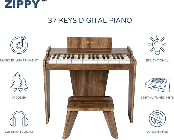 ZIPPY MAT Piano numérique pour enfants, 37 touches, instrument éducatif de musique, jouet en bois, pour filles et garçons (Noyer Basic) - 2