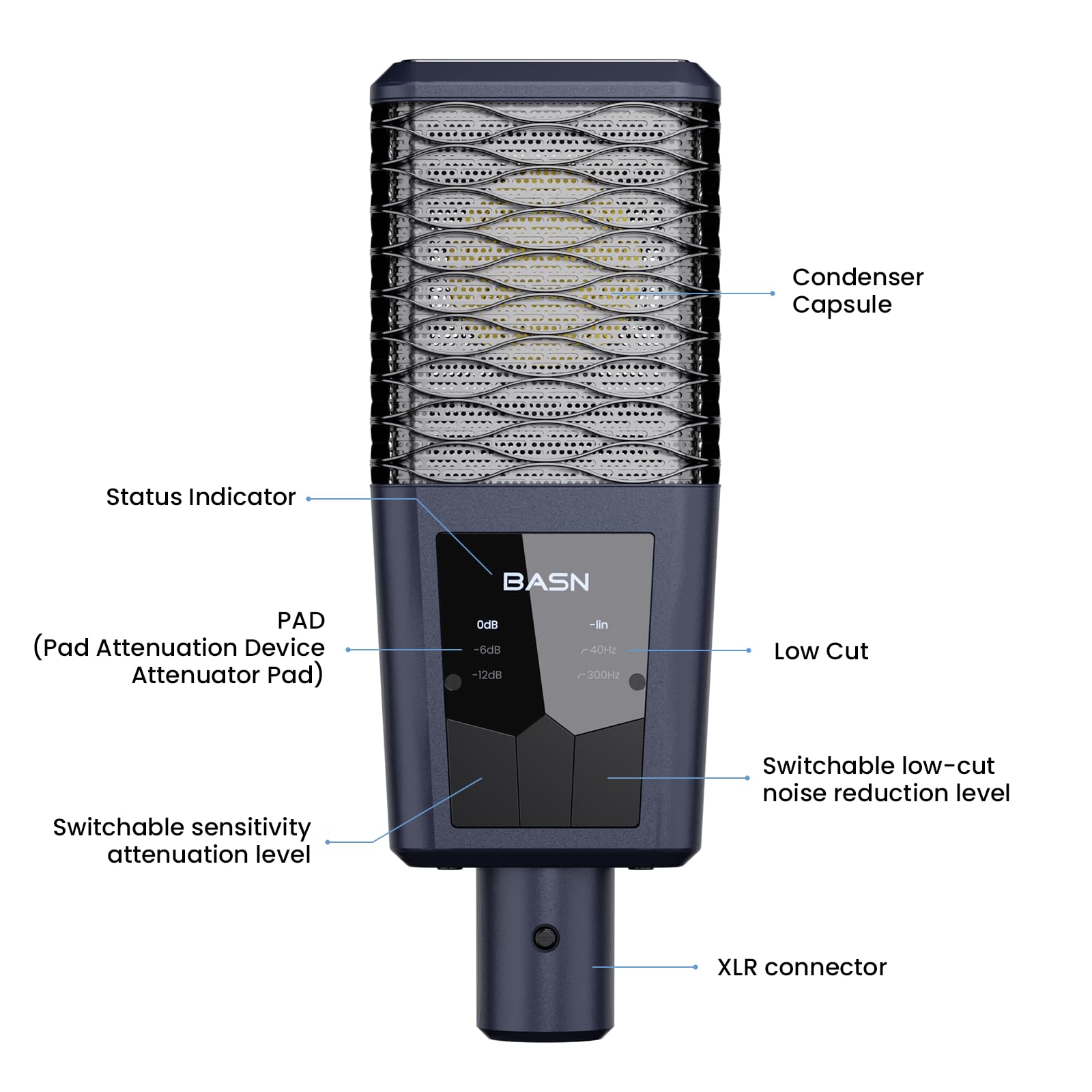 BASN BMS2 Microfono a condensatore cardioide (blu) | Microfono per registrazione da studio XLR, con diaframma grande, interamente in metallo, per podcasting, canto e streaming