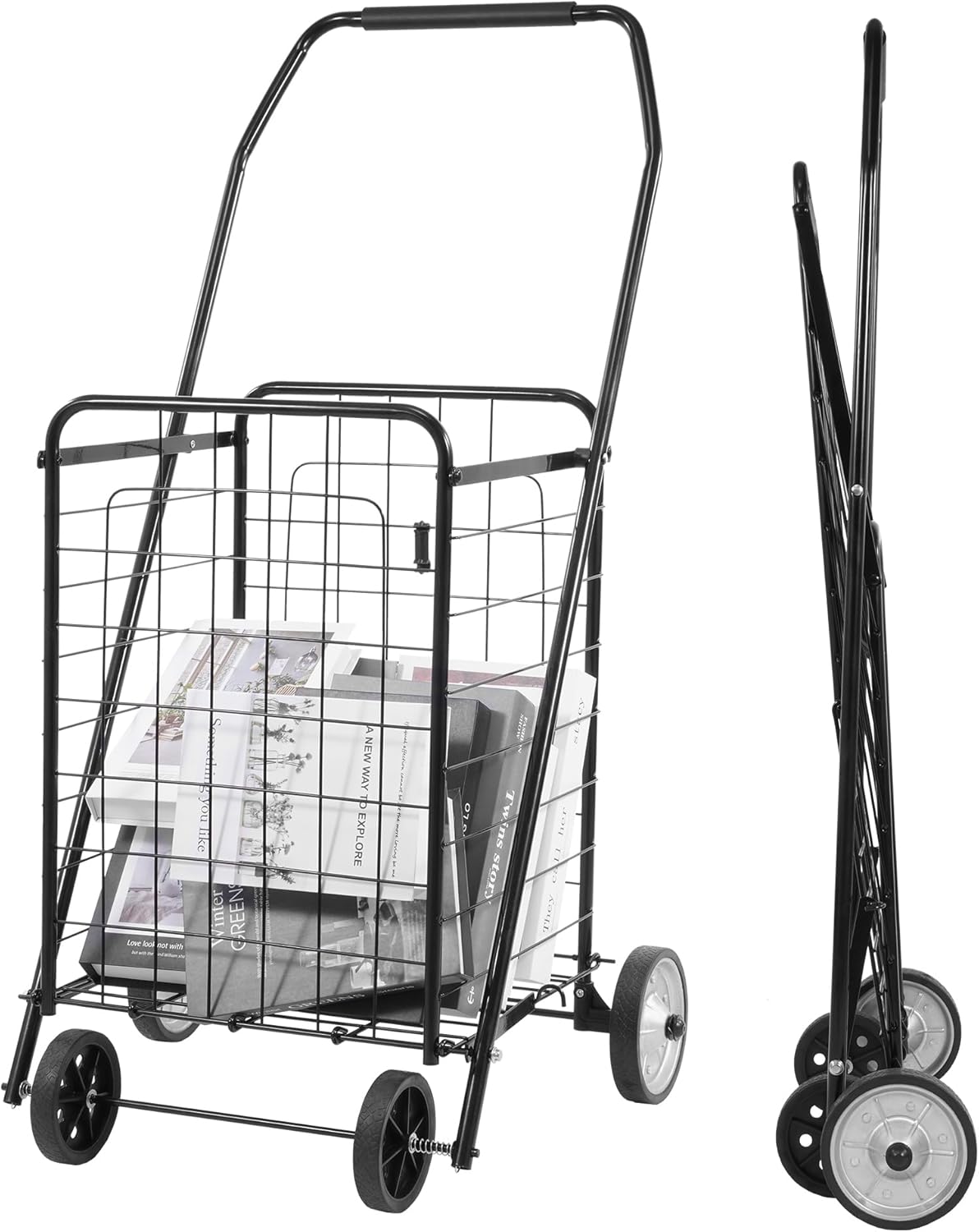 Foldable Shopping Utility Cart, Collapsible Durable Grocery Utility Cart with Rolling Wheels for Easy Storage, Laundry, Book, Luggage Travel, Compact Portable, Black