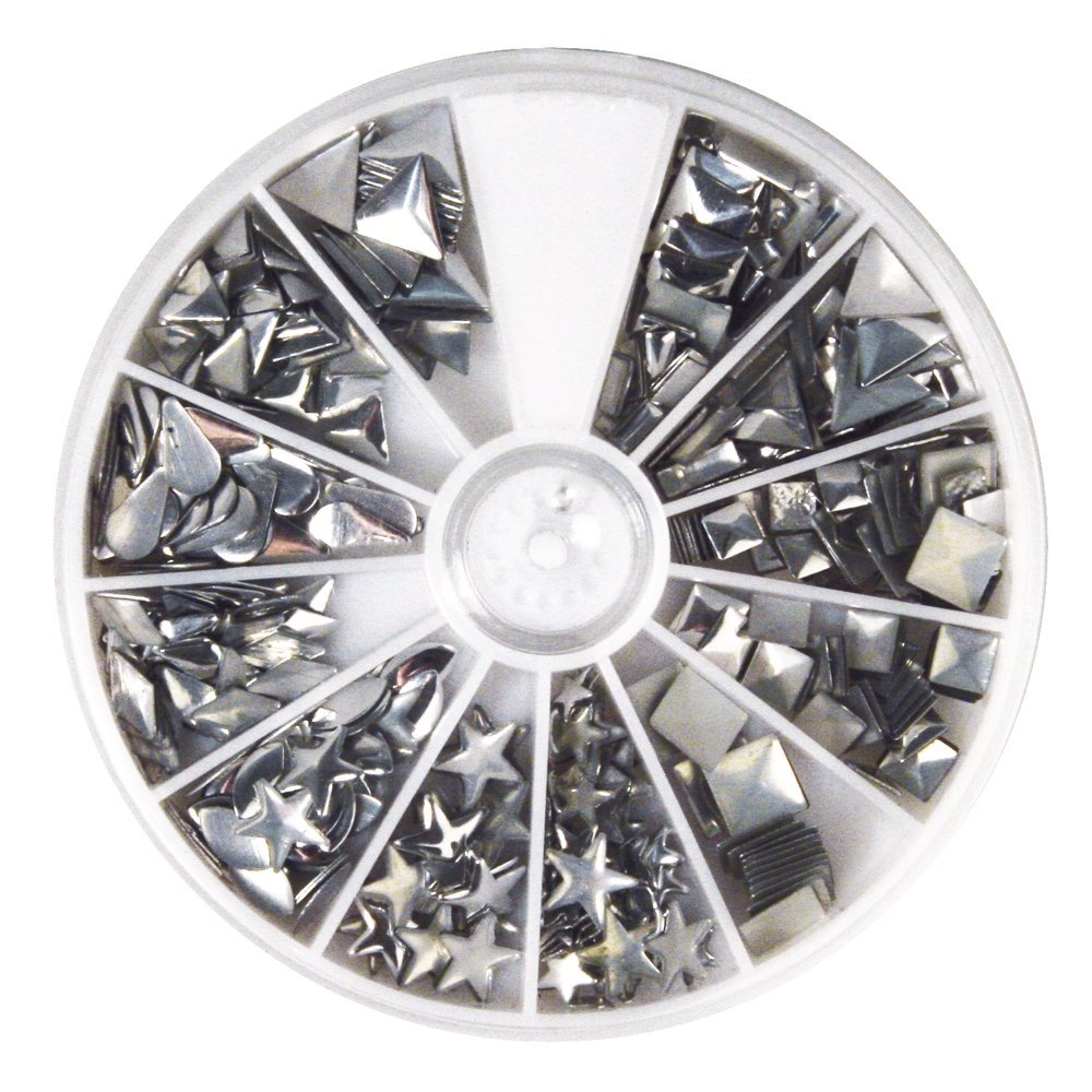 Rayher Hotfix Metal Studs for Clothes, Iron on Flatback Studs, Silver Metal Studs for Crafting, 420 pieces, various shapes, 2.5-10 mm, 38643606