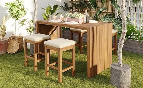 WILLIAMSPACE Patio Bar Table Set of 5, Outdoor Acacia Wood Bar Height Table & Four Stools with Cushions, Wooden Counter Dining Bar Set for Backyard, Poolside, Balcony, Natural