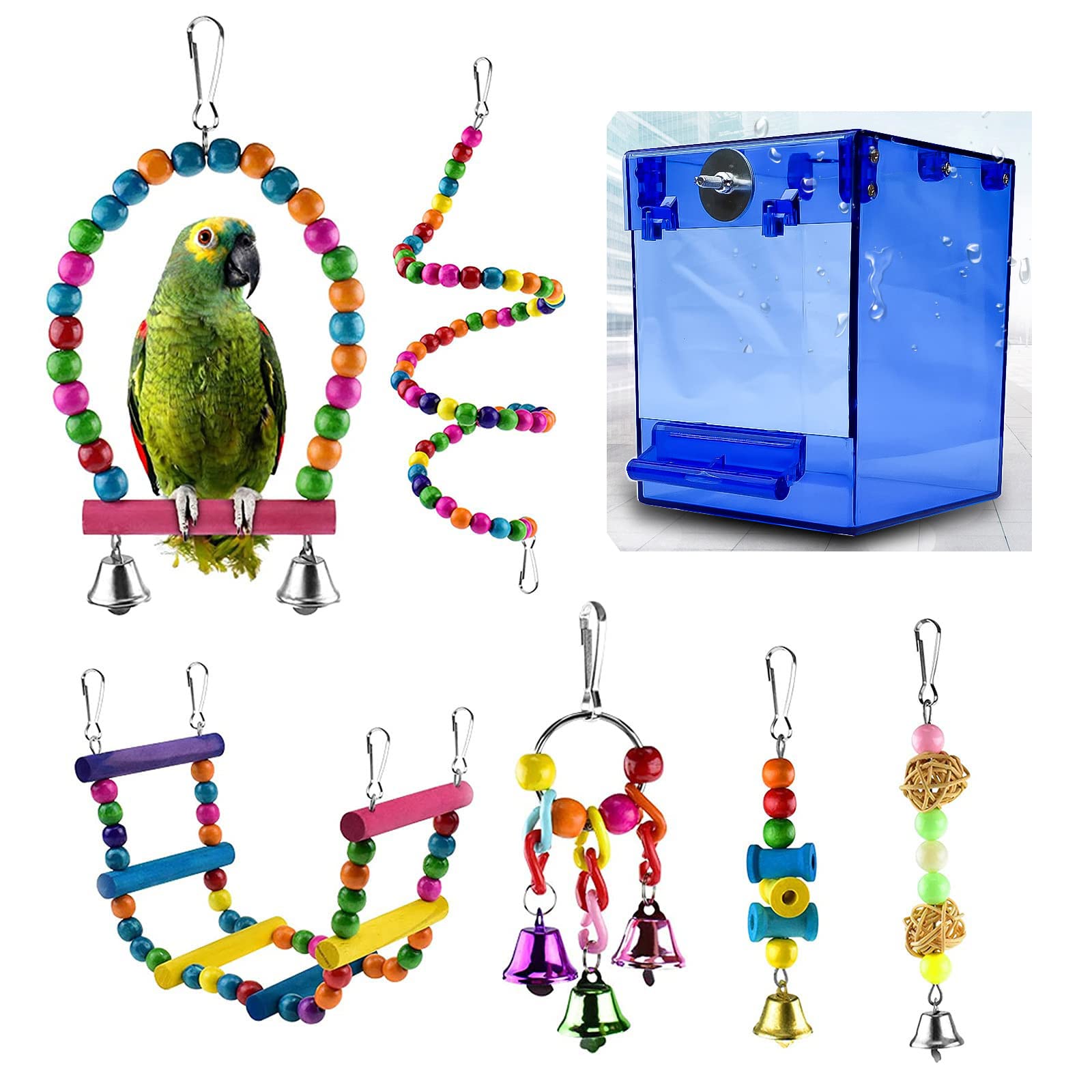 QeeHeng Bird Bathtub,Bird Bath Box, 4.9 * 4.9 * 6.4in Bird Bath House, Water Shower Transparent Box Food Feeder Holder Tray for Small Birds, (No-Leakage Bird Bath Box + 6 Bird Toys) (Blue)