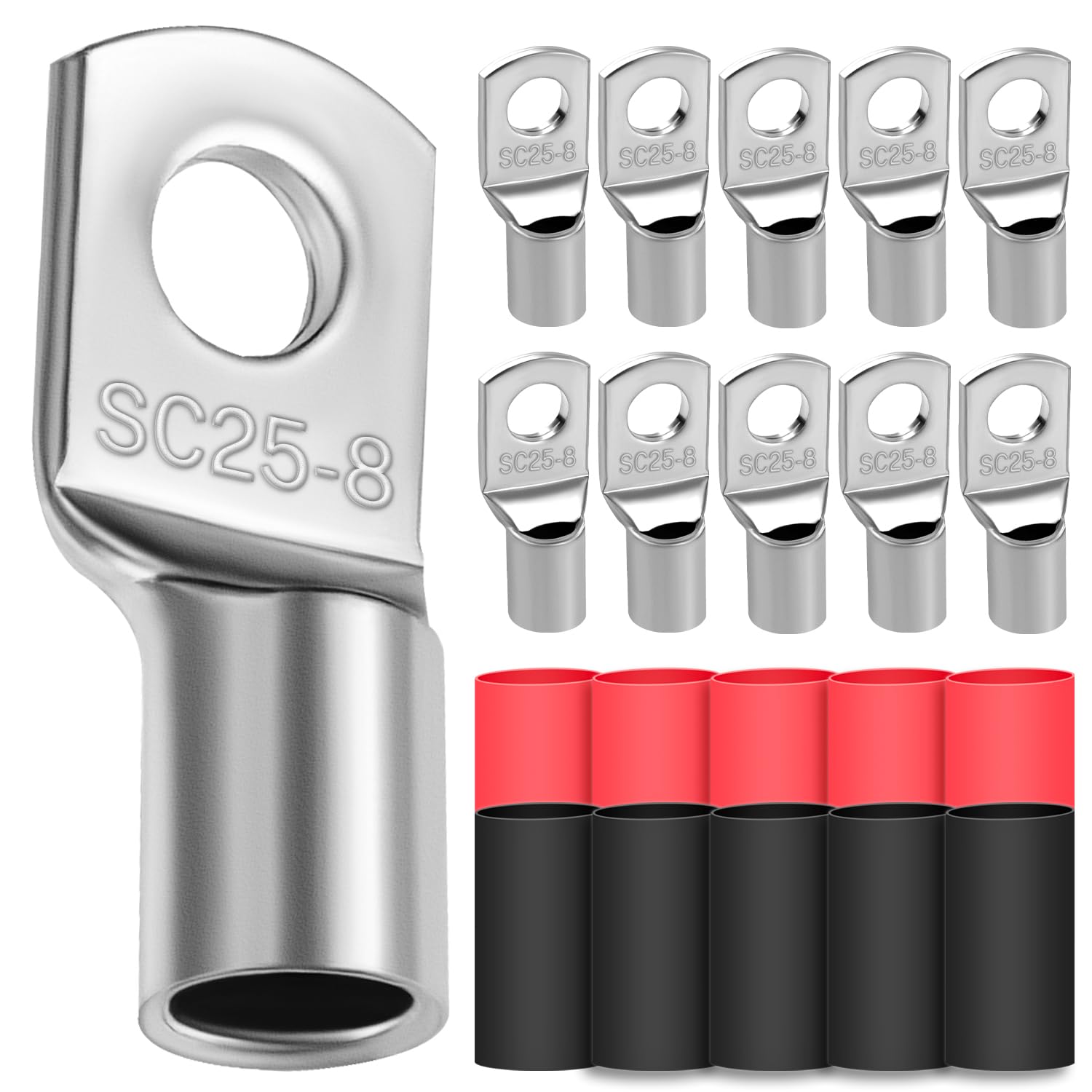 10x Cable Lugs 25mm² M8 Thickened Copper Uninsulated SC Crimp Lugs Battery Cable Ends Lugs Battery Terminals with 10 Heat-shrink Tubing 3: 1