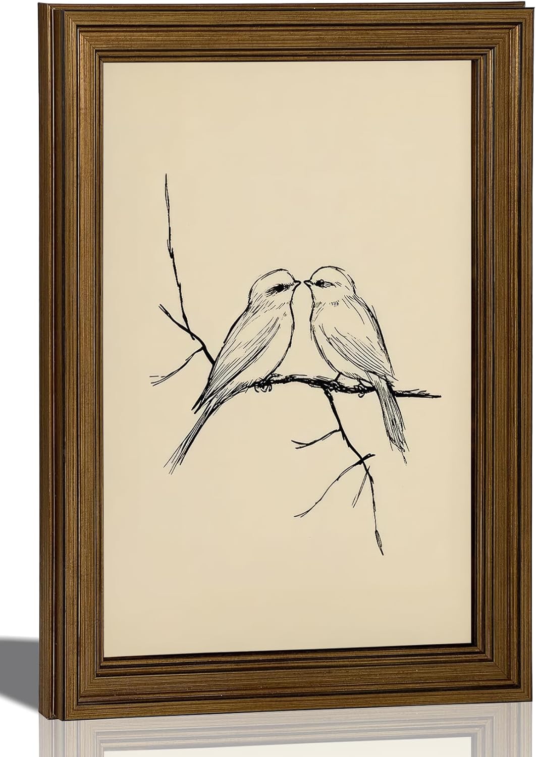 Vintage Gold Framed Canvas Wall Art Neutral Bird Wall Decor Rustic Vintage Birds in Love on a Branch Poster Print Sketch Painting Picture Artwork for Bathroom Gallery Home Decoration 12x16in