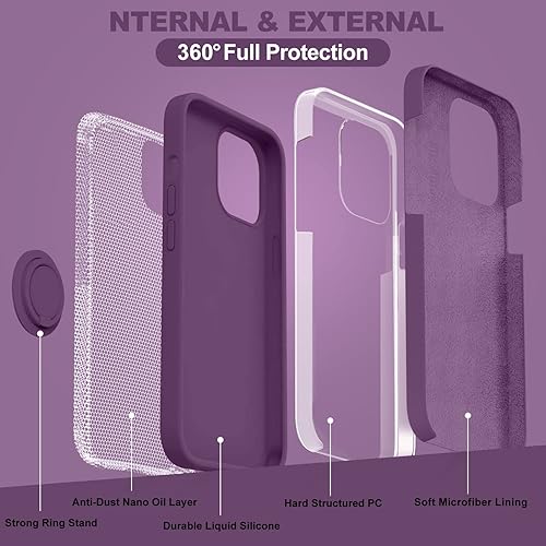 Miniatura 4 de MOCCA Funda compatible con iPhone 14 con soporte de anillo, forro de microfibra súper suave, funda de silicona líquida antiarañazos de cuerpo