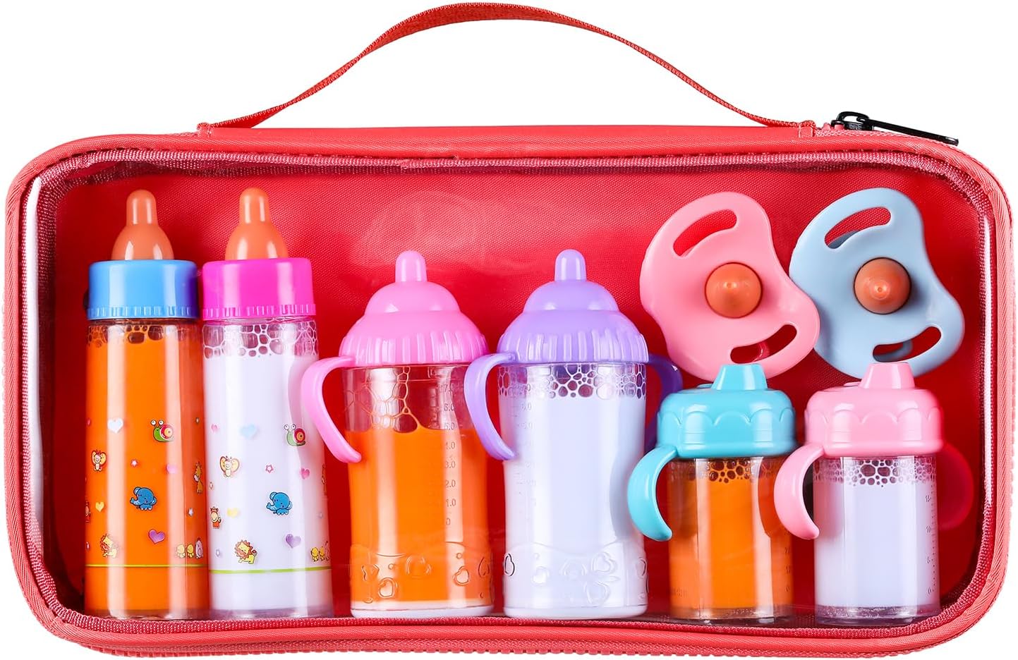 8 Pieces Magic Disappearing Milk and Juice Bottle with Pacifier, Pretend Play Feeding Toy Set with Red Package,Baby Doll Accessories