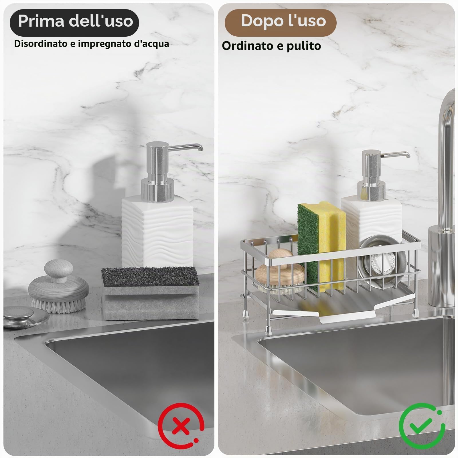 PAVSTINE Porta Spugne Lavello Cucina in 304 Acciaio Inox, Portaspugne per Lavello con Raccogli Gocce Scolapiatti Rimovibile, Portaoggetti Spugne per Cucina Appoggio, Kitchen Organizer Facile da Pulire