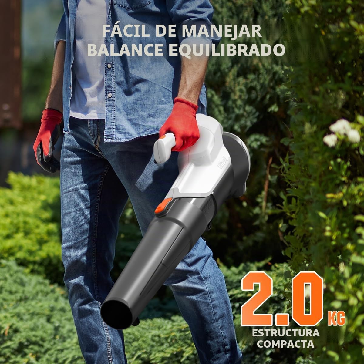 Litheli Soplador de Hojas con Turbocompresor, Velocidad de Aire de 137 km/h y Flujo de 604 m³/h, con Batería de 2.0Ah, Ideal para Jardinería, Cuidado del Césped y Limpieza Exterior
