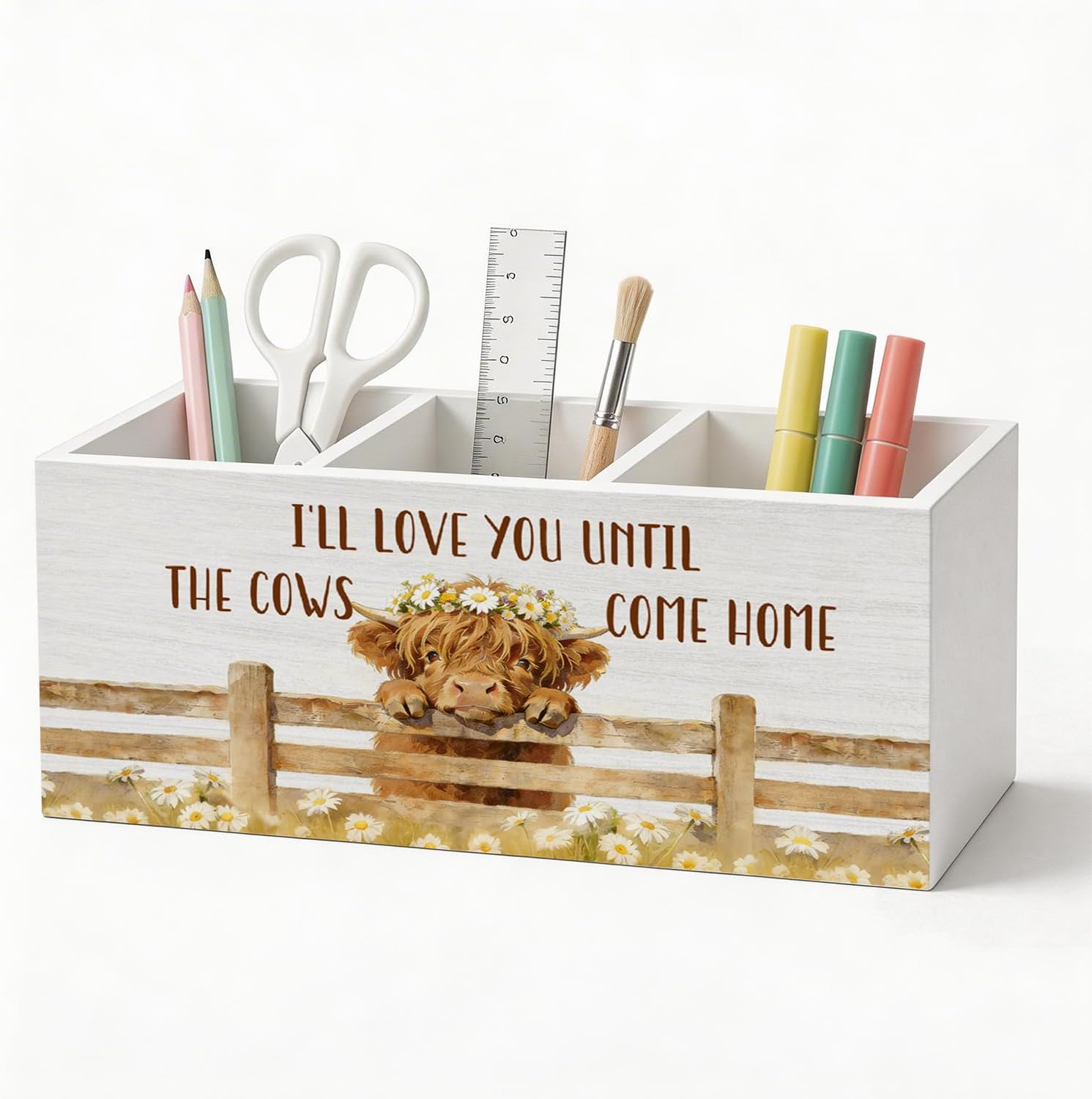 Farmhouse Highland Cow Pen Holder Organizer Desk Decor, Rustic I'll Love You Until the Cows Come Home Wooden Pen Pencil Holders for Girl Nursery Home Office Desk Accessories