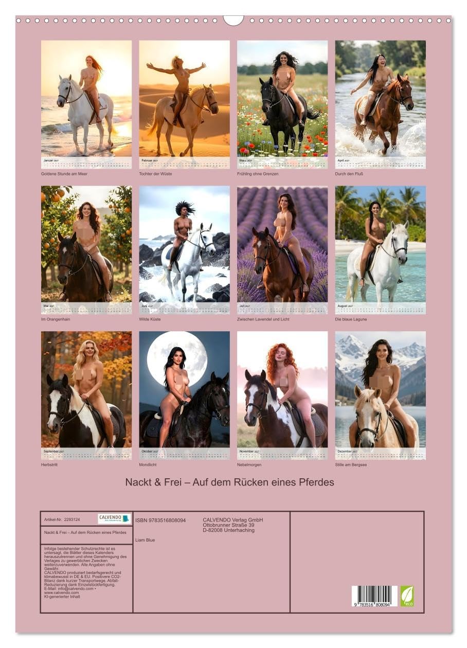 Nackt & Frei – Auf dem Rücken eines Pferdes (Wandkalender 2027 DIN A2 hoch), CALVENDO Monatskalender: Zwölf Frauen, zwölf Pferde, zwölf Momente wilder Freiheit (CALVENDO Erotik)