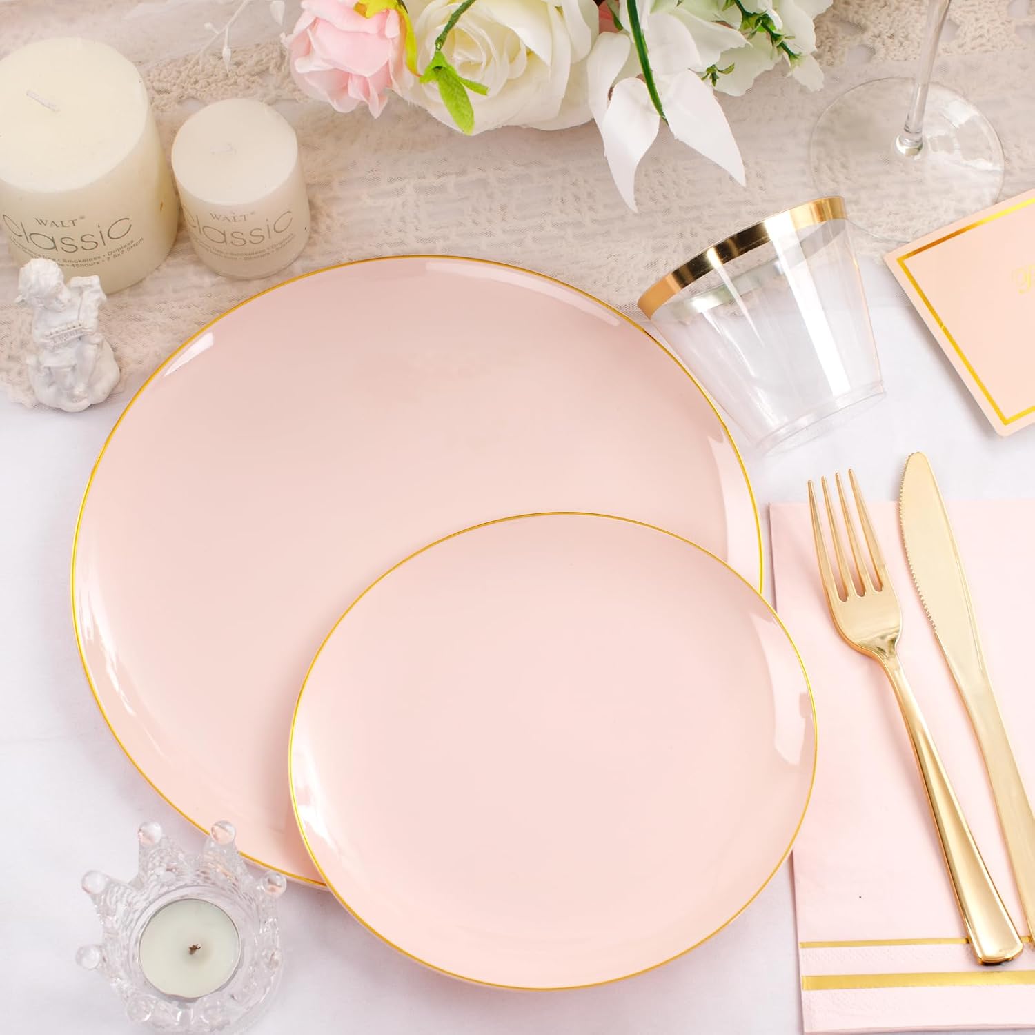 NOCCUR 350PCS Pink Plates Disposable - Pink Gold Plastic Dinnerware Set for 50 Guests Include 100 Dinner/Dessert Plates,150 Cutlery,50 Cups&50 Napkins - Ideal for Party/Wedding/Valentines Day - Image 3