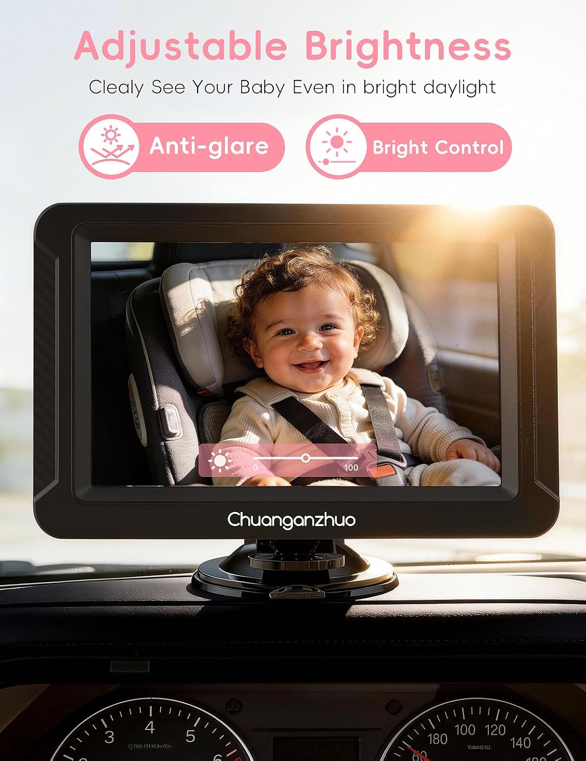 S100C Pink Baby Car Camera USB Powered, Crystal Clear Auto IR Night Vision in Total Dark, Adjust Brightness & 1080P 5" IPS Monitor, 3X Zoom & 360 Rotating Backseat/Carseat Camera for Car Baby Monitor