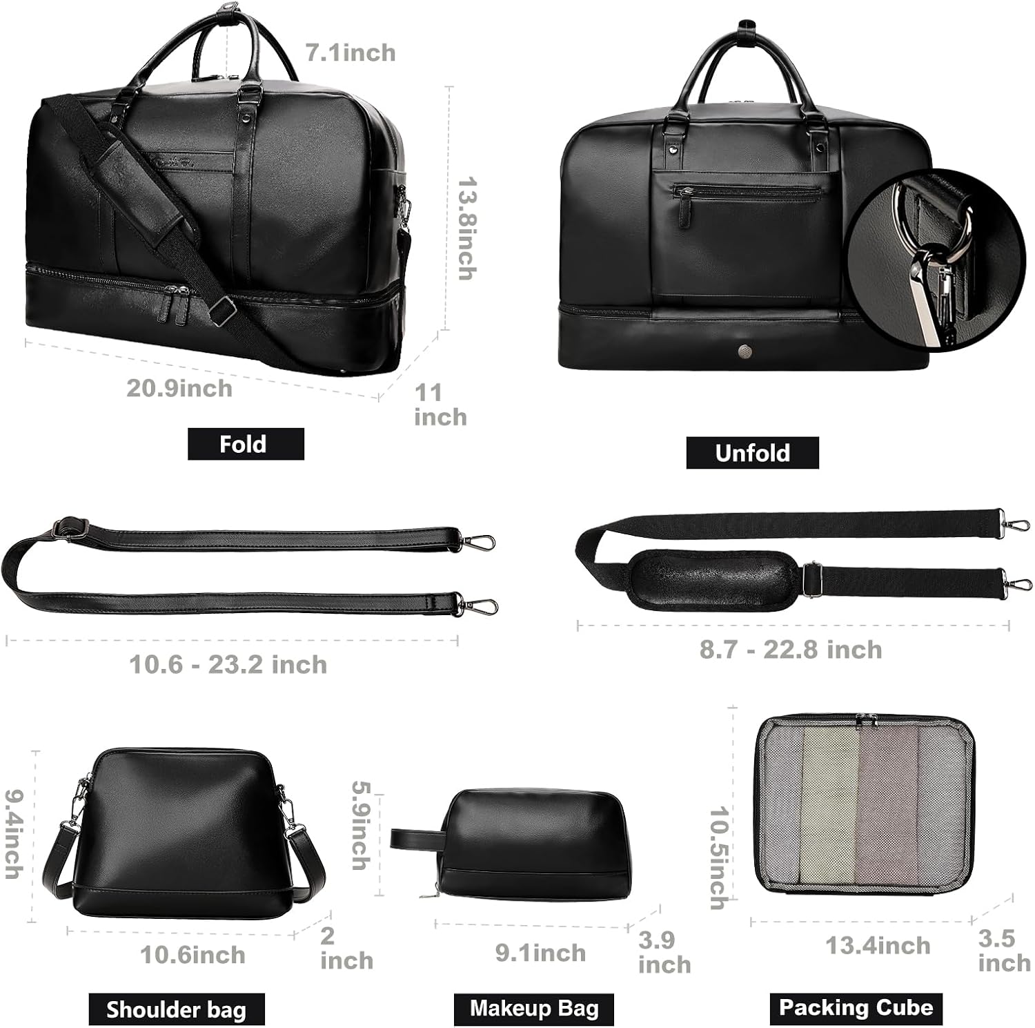 Weekender Bag for Women Men, Large Overnight Bag Faux Leather Travel Duffel Bag with Shoe Compartment Toiletry Packing Cube Carry On Bag Fit 21" Laptop 3Pcs Set (4PCS Black) - Image 3