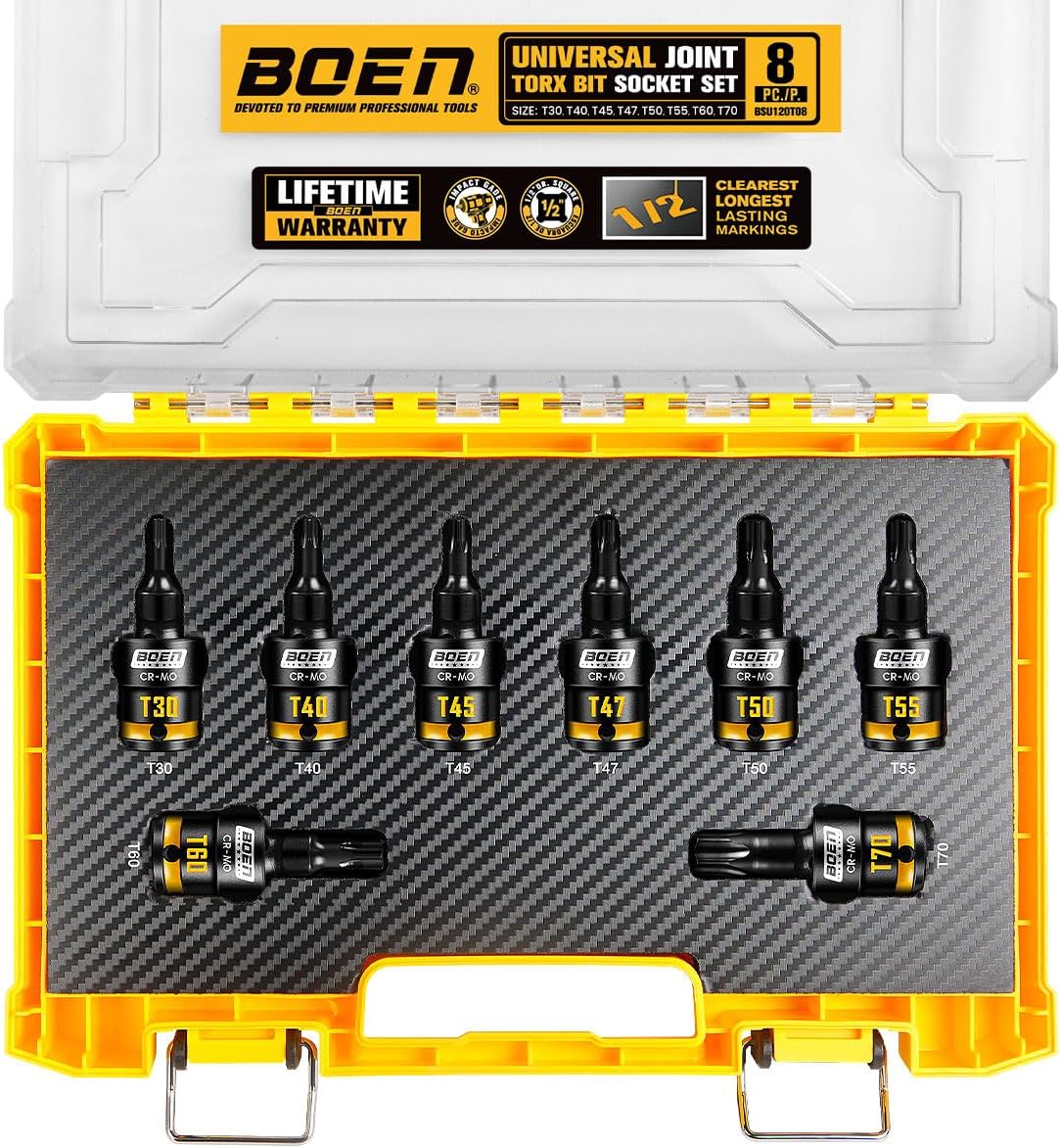 BOEN 1/2" Drive Swivel Impact Torx Bit Set, 8-Pieces Universal Size (T30, T40, T45, T47, T50, T55, T60, T70), Impact Star Bit Socket Set, Embossed and Painted Marking, CR-MO Steel