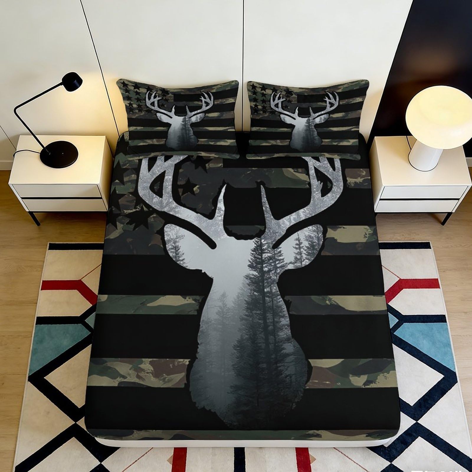3D Printed Forest Deer Fitted Sheet Microfiber Camouflage Antler Mattress Cover for Bedroom Guest Room Decor 90x200x25cm