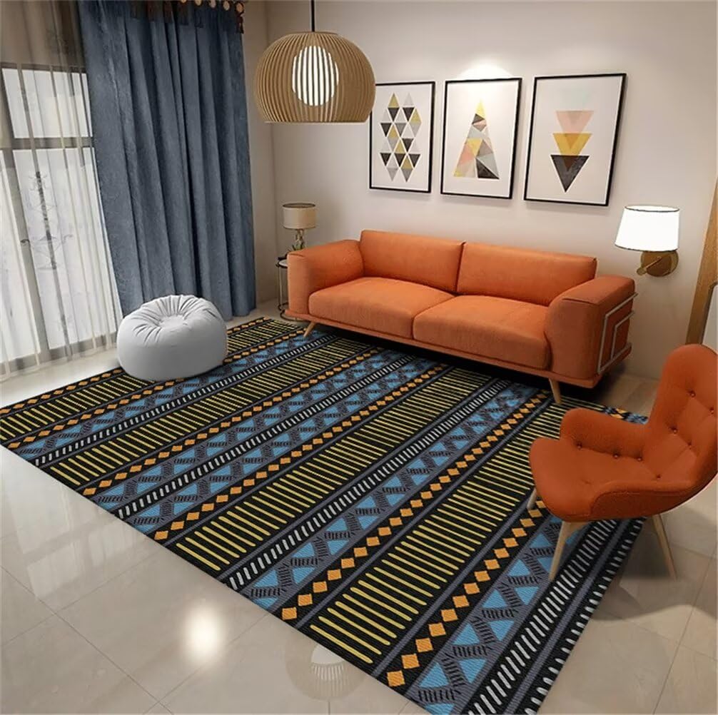 Tapis moderne salon bleu 100x200 cm doux avec motifs géométriques pour chambre