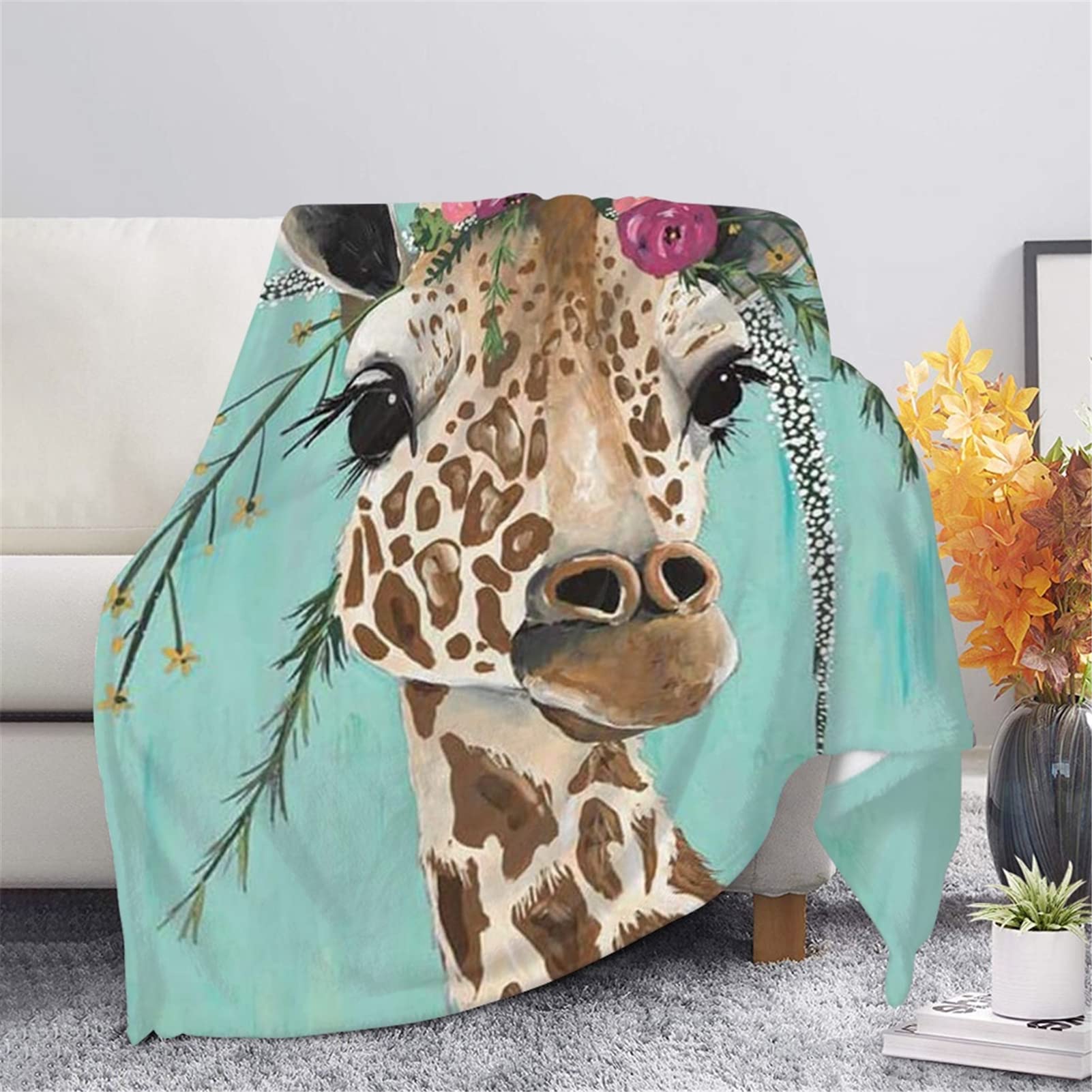 Binienty Soft Cozy Blankets for Kids Adults, Cute Floral Giraffe Print, Ultra Light Fleece Bedding Blanket