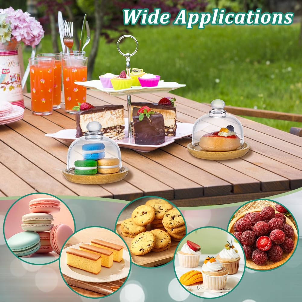 NBEADS 2 piezas de cúpula de postre de vidrio con base, mini cúpula de bambú para tartas, tarros de campana, bandeja de cristal para servidor, para cocina, fiesta de cumpleaños, boda, 8 cm de diámetro