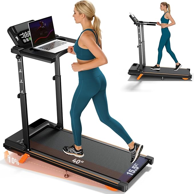 Foldable Treadmills for Home, Quiet Treadmill with 10% Incline, Walking Pad Treadmill with Desk, 350lbs Weight Capacity Walking or Running for Home Office