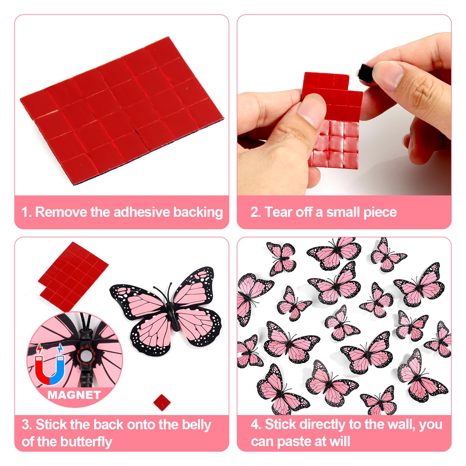 24 Szt. Magnesy Motyl Monarcha, Sztuczny Dekoracje, Naklejki Scienne 3D Motyl Naklejka do Rzemiosla Sciany Domu Wystroju Sztuki Lodówki Halloween Urodzin Imprezy (Rózowy)