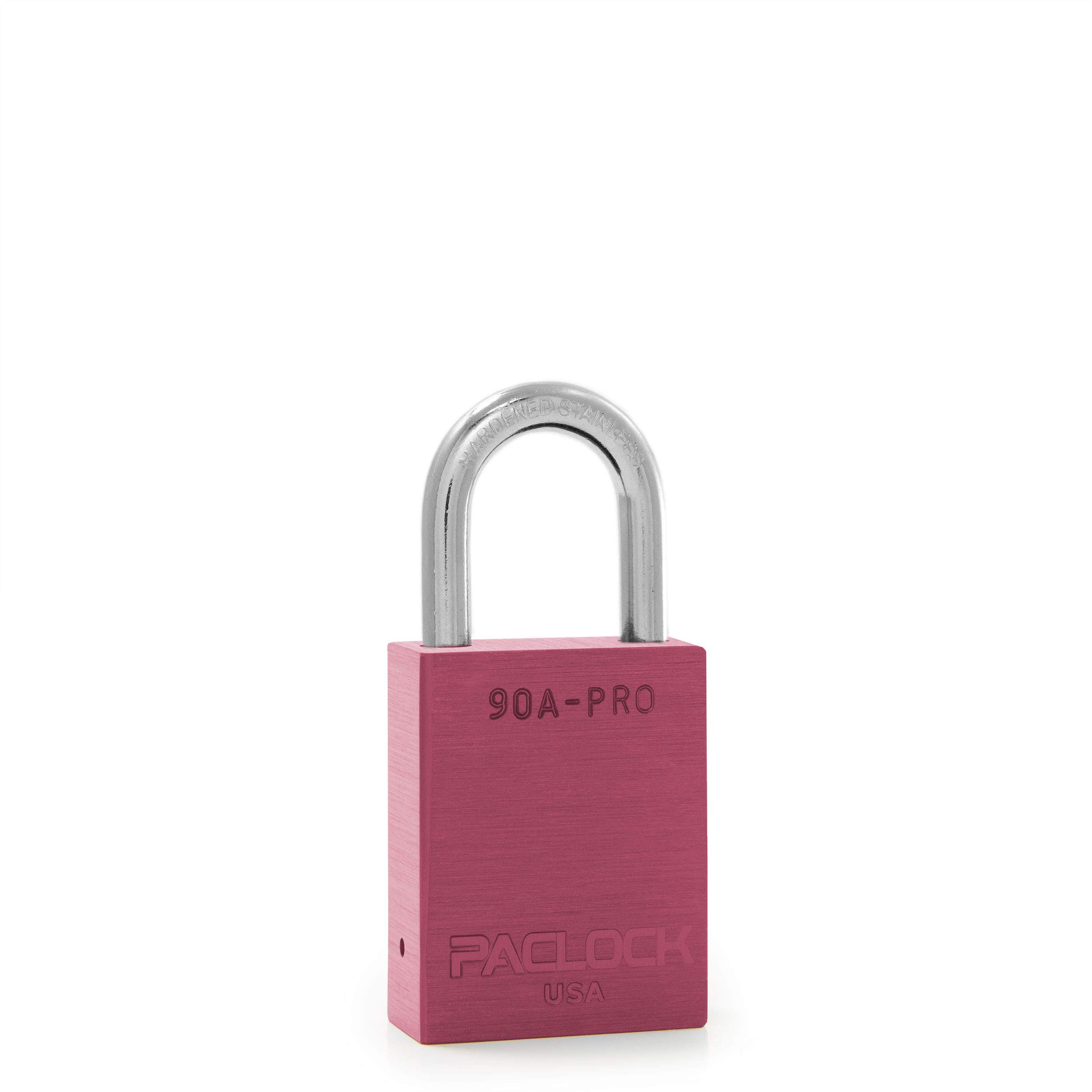 PACLOCK's 90A-PRO Padlock, 1/4" Diameter Hard. Stainless Steel Shackle, 1-3/16" Tall, High Performance 7-Pin Cylinder w/ 1 Key, Keyed Alike, Pink