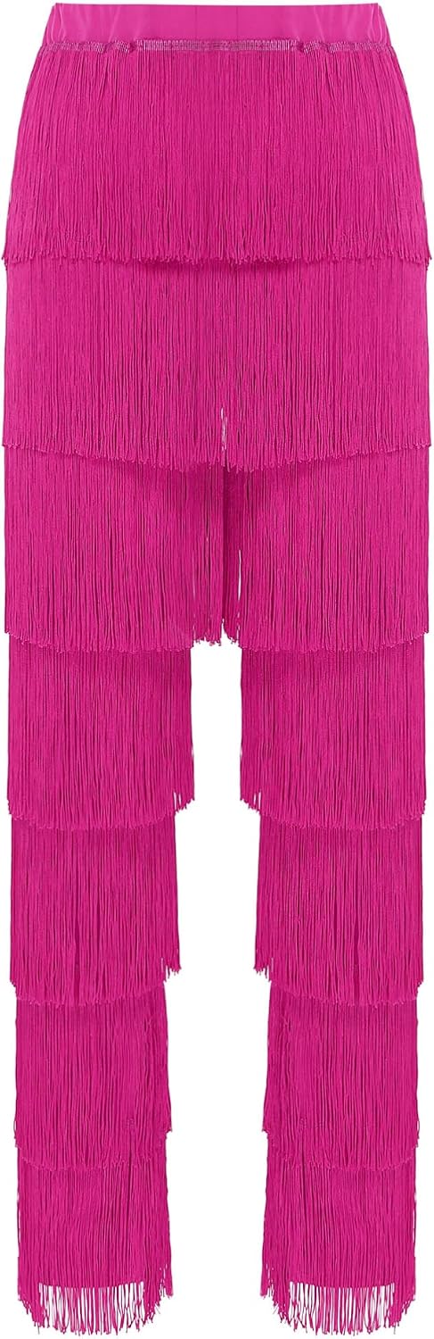 Aislor Fringe Latin Dance Pants for Women Contrast Color Ballroom Salsa Rumba Tango Tassel Trousers