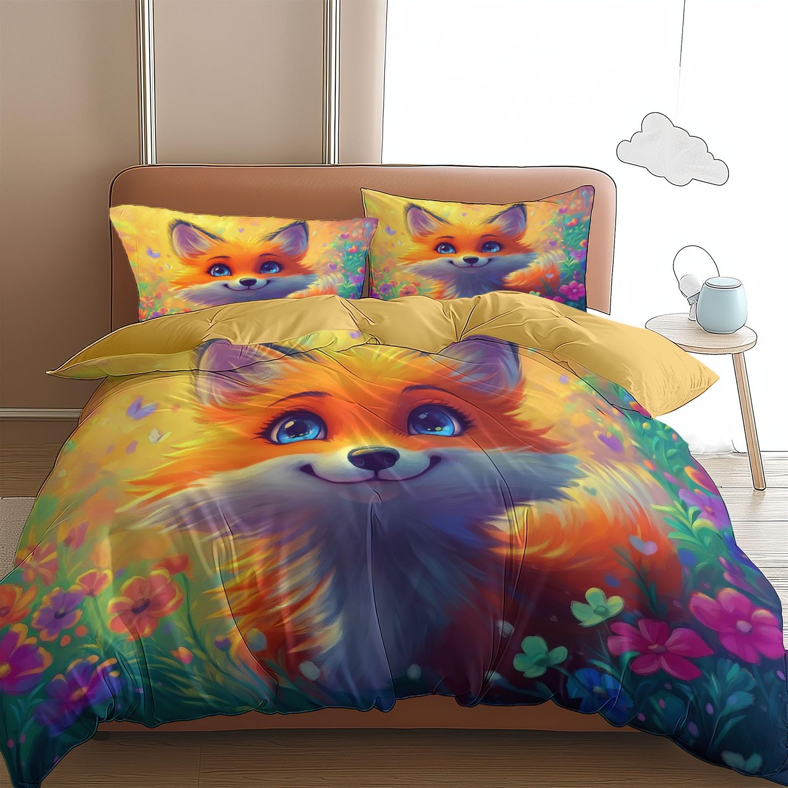 Yellow Duvet Cover Toddler Cartoon Fox 3 Pieces Bedding Set 40