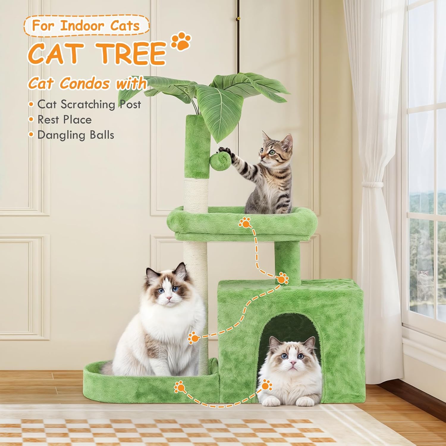 Cat Tree, 32 Inch Cat Tower with Scratching Posts, 1 Caves,1 Pompom,1 Hammock, Green Leaves and Cozy Condo, Cat House Cat Tree for Indoor Cats Large Adult - Green