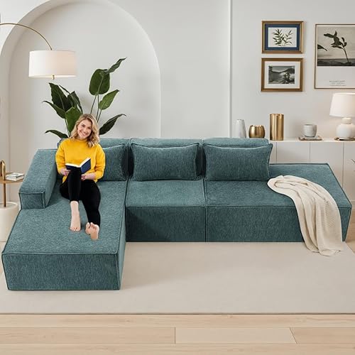 129" Modular Sectional Sofa, L-Shaped Cloud Couch with Extra Long Chaise Lounge, Oversized Chenille Boneless Sofa Set for Living Room, Comfy Floor Seating, No Assembly Required