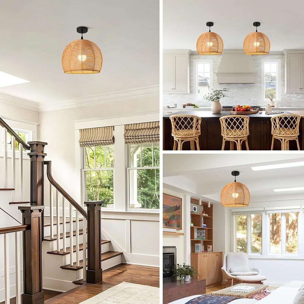 Lampa Wisząca Boho 11,81 Cala, Ręcznie Tkana Naturalna Lampa Wisząca Z Wikliny, Lampa Sufitowa W Stylu Vintage Do Sypialni, Salonu, Kuchni, Wyspa, Żyrandol Z Liną Papierową, Oprawa Rattanowa