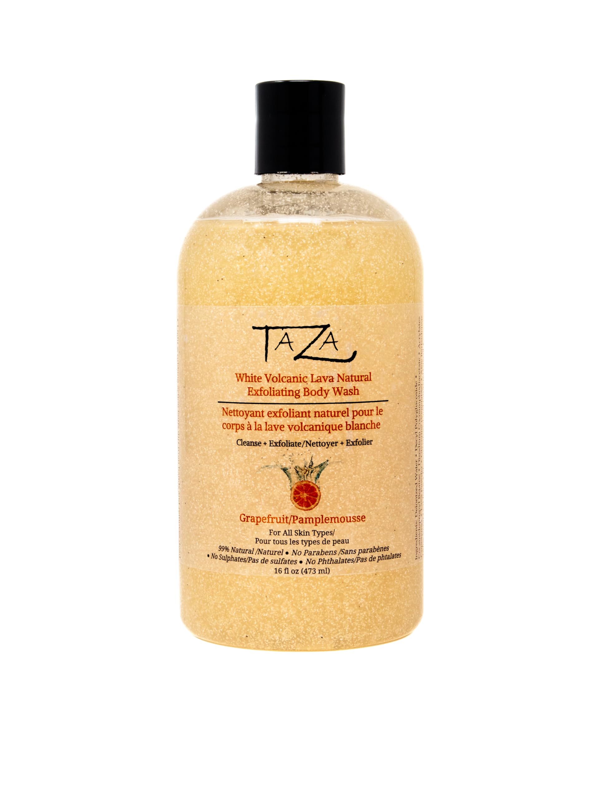 Taza Premium Natural White Volcanic Lava Exfoliating Body Wash, 16 fl oz (473 ml) For Soft Smooth Skin Contains: White Volcanic Lava Powder, Aloe Leaf Juice, Glycerin