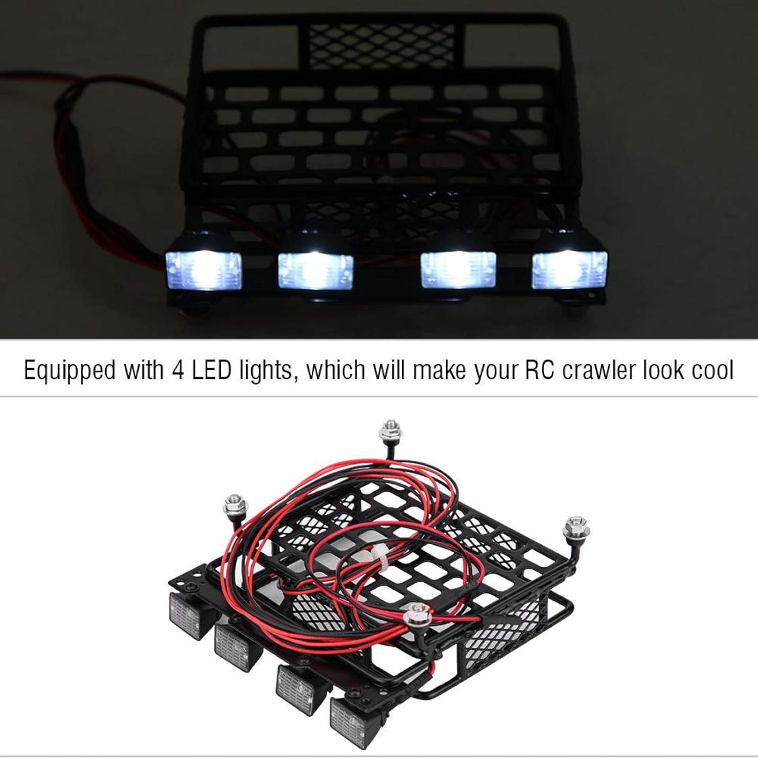 Rc Roof Rack Luggage, Rc Roof Rack, Small Size Roof Rack Luggage With LED Rc Roof Luggage Carrier Rc Crawler Accessories for SCX10 1/10 RC Car (4 White)